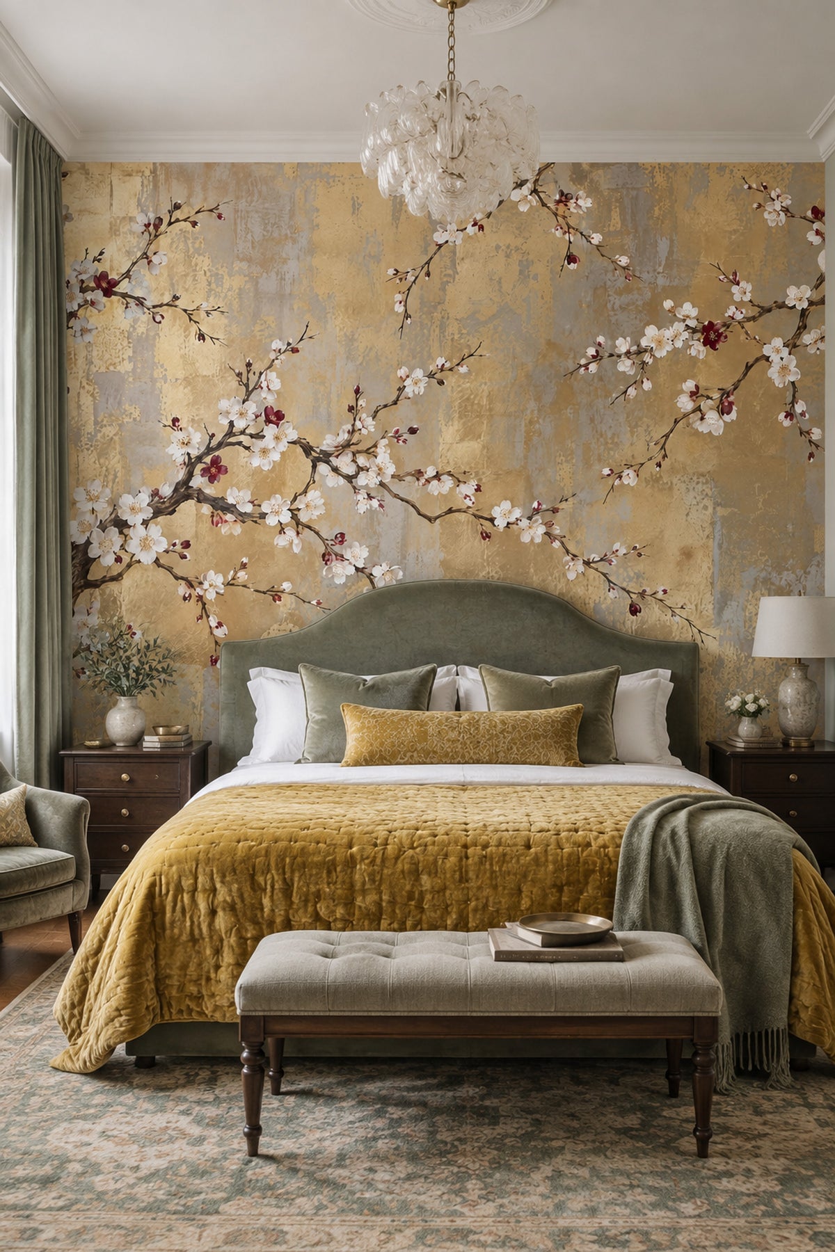 Cherry Blossom Branches Wallpaper Gold Leaf Texture Wall Mural