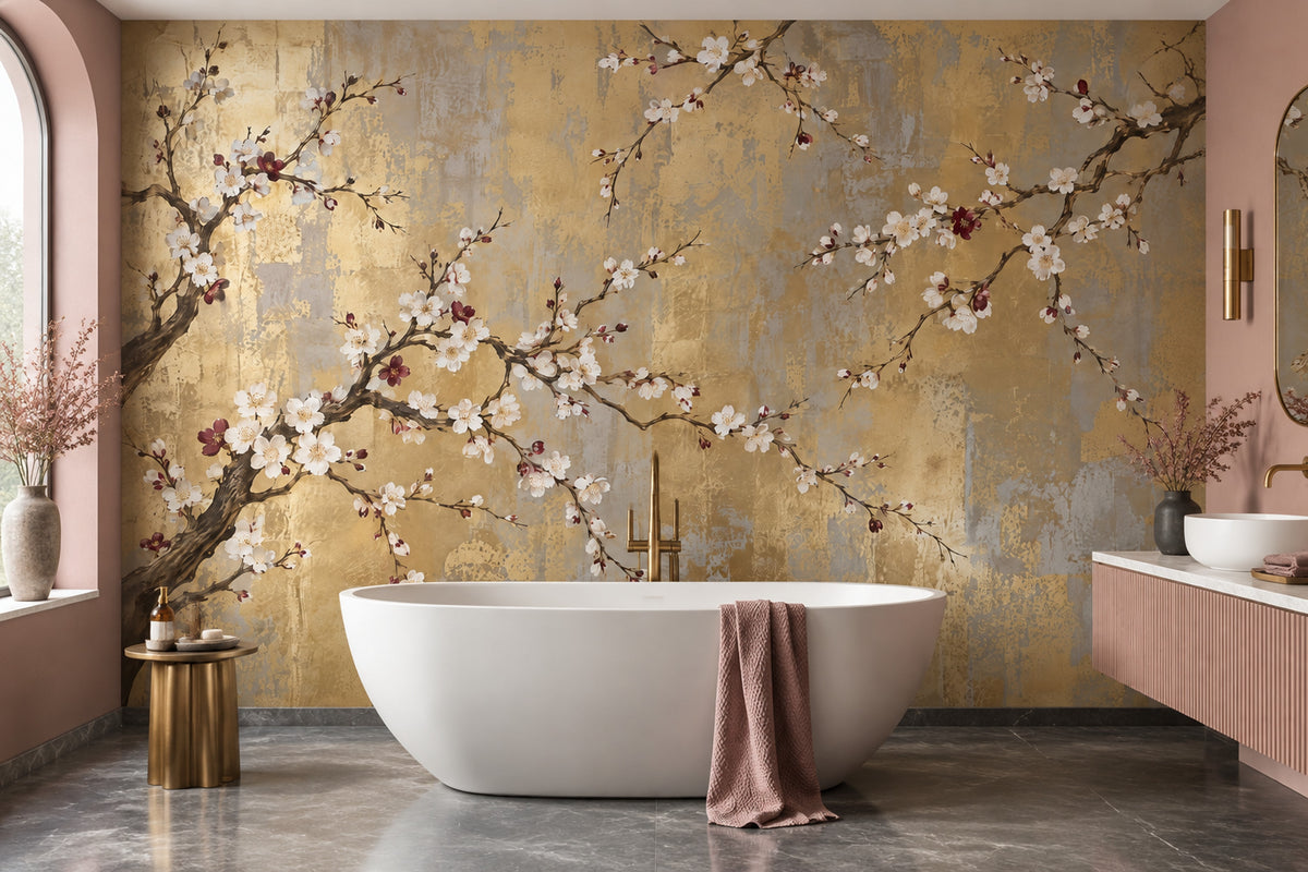 Cherry Blossom Branches Wallpaper Gold Leaf Texture Wall Mural