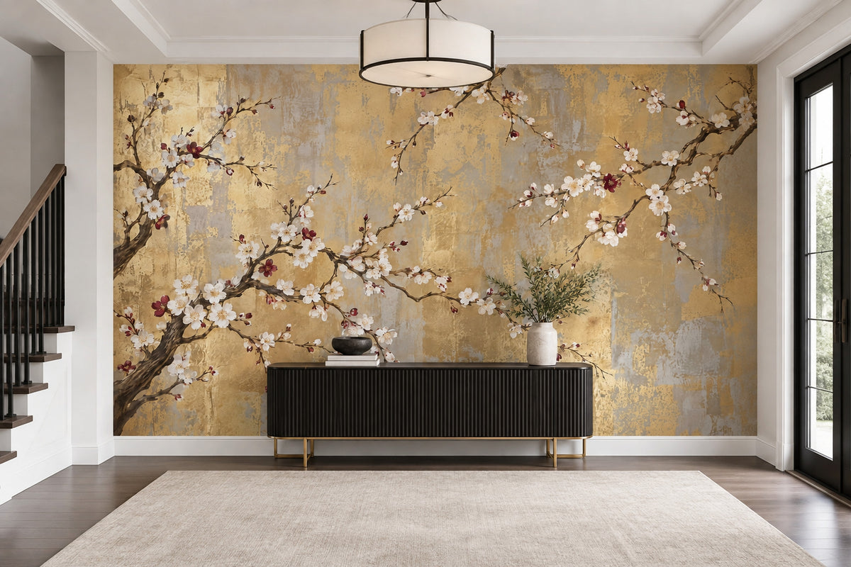 Cherry Blossom Branches Wallpaper Gold Leaf Texture Wall Mural
