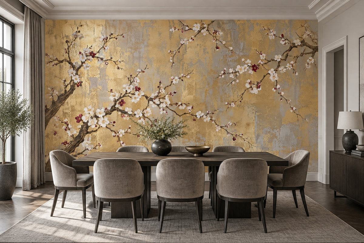Cherry Blossom Branches Wallpaper Gold Leaf Texture Wall Mural