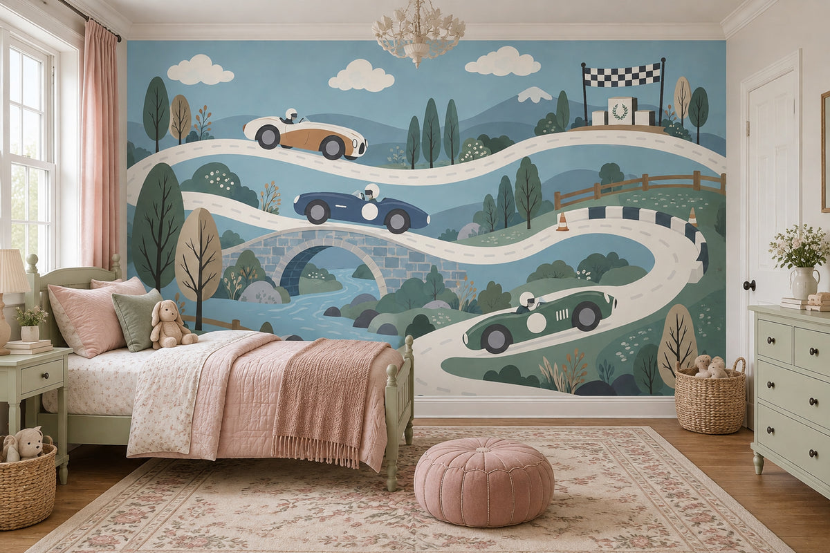 Vintage Race Cars Wallpaper Whimsical Countryside Wall Mural