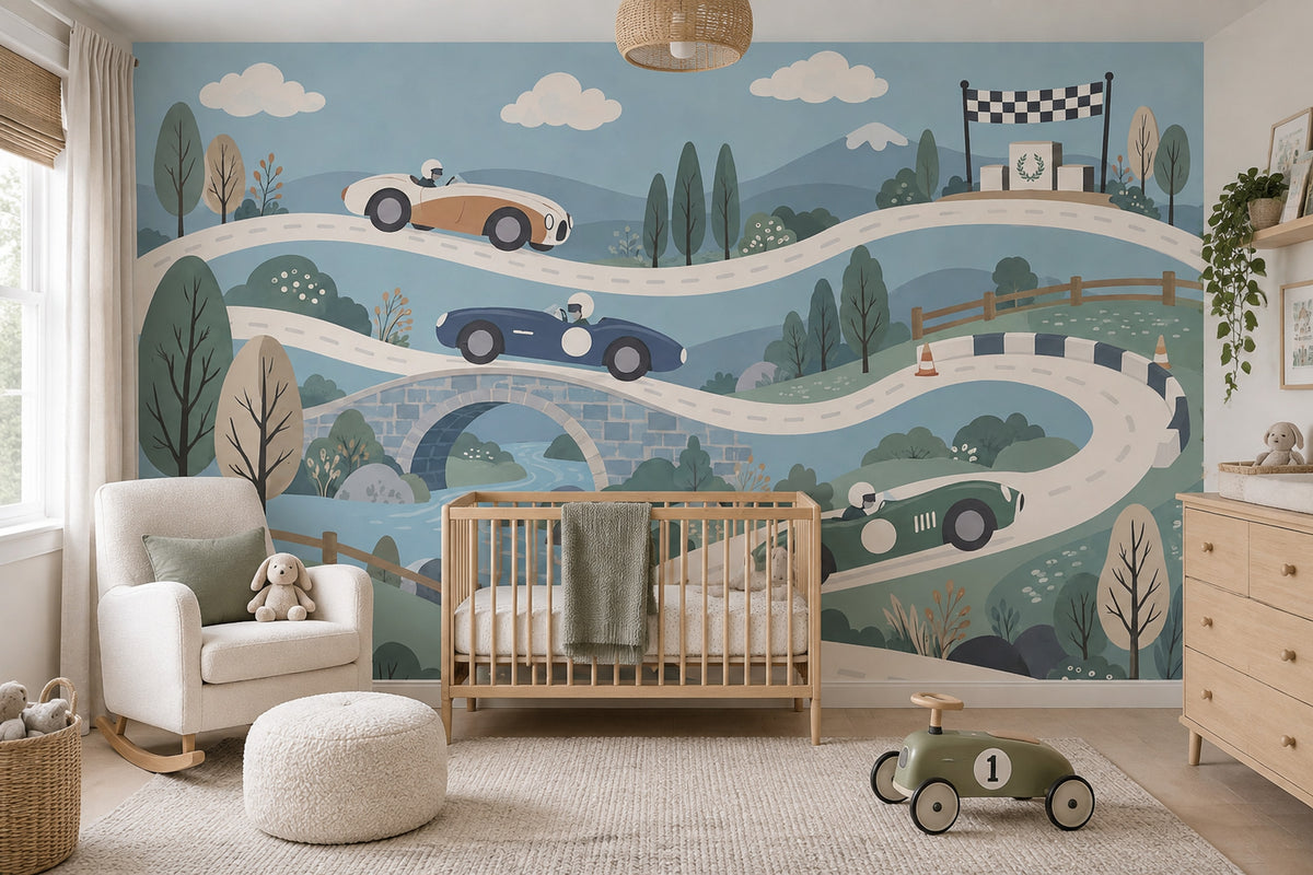 Vintage Race Cars Wallpaper Whimsical Countryside Wall Mural