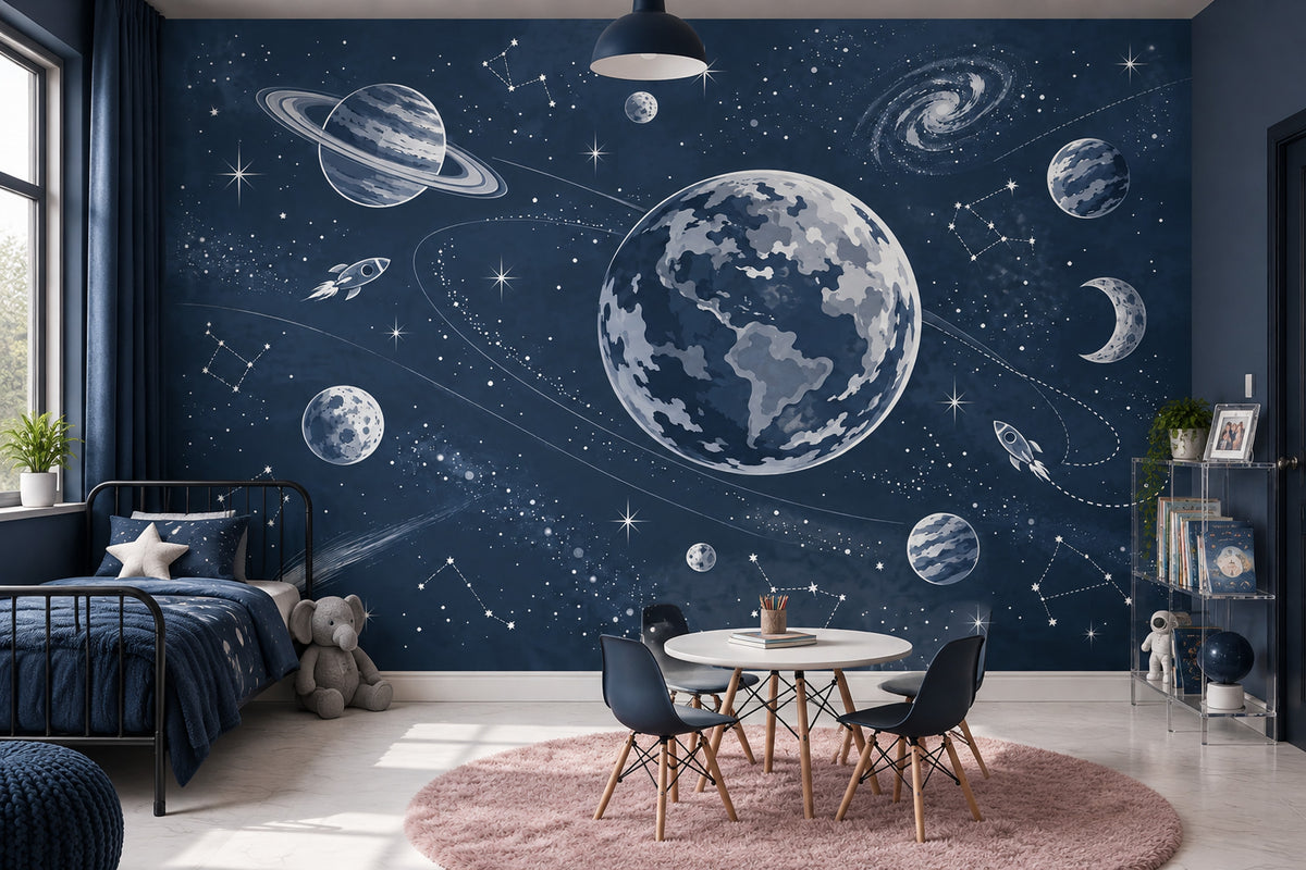Planets And Rockets Wallpaper Navy Galaxy Wall Mural