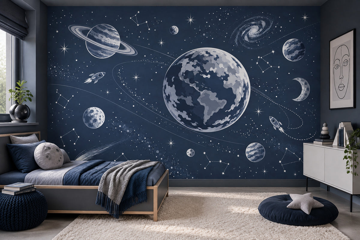 Planets And Rockets Wallpaper Navy Galaxy Wall Mural