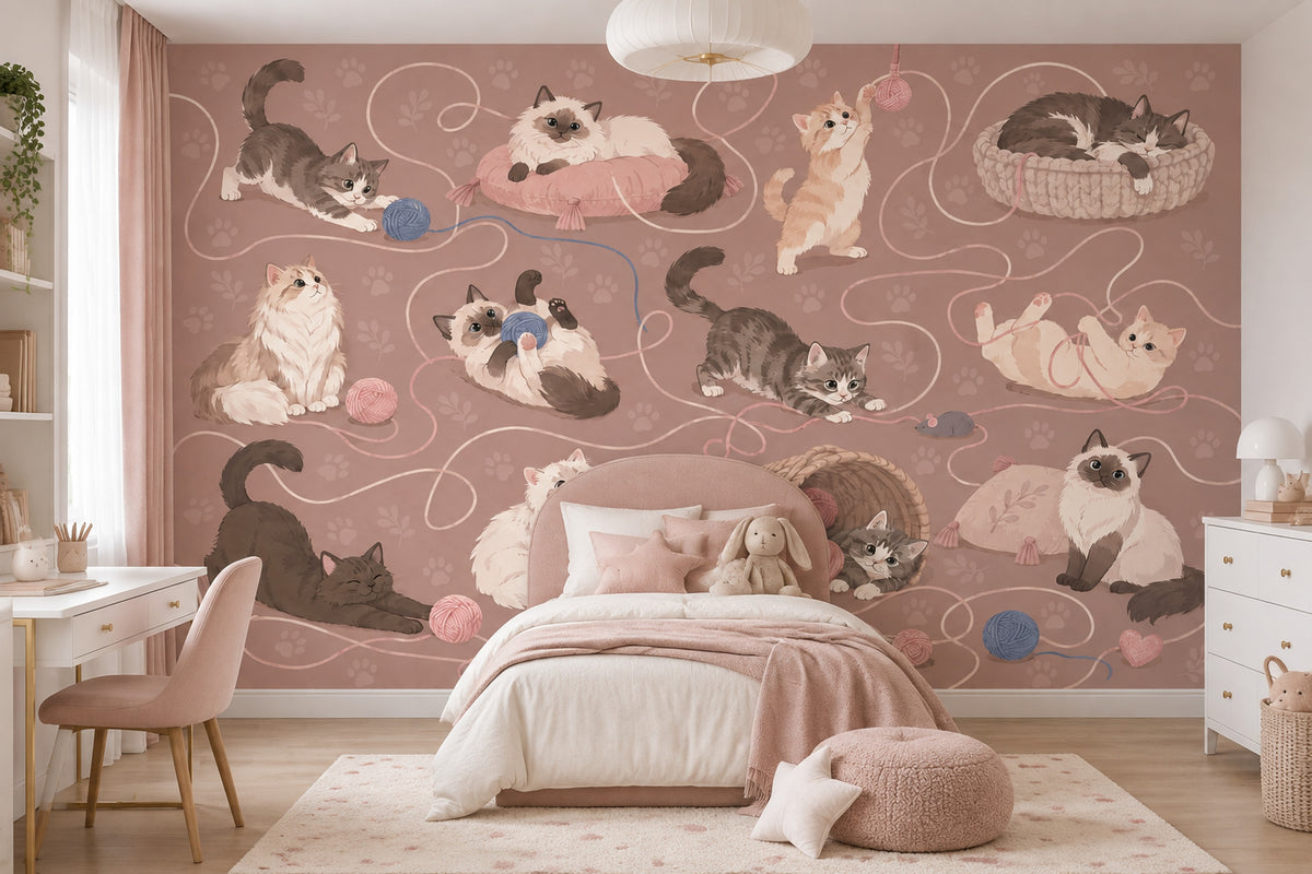 Playful Cats And Yarn Wallpaper Dusty Pink Wall Mural