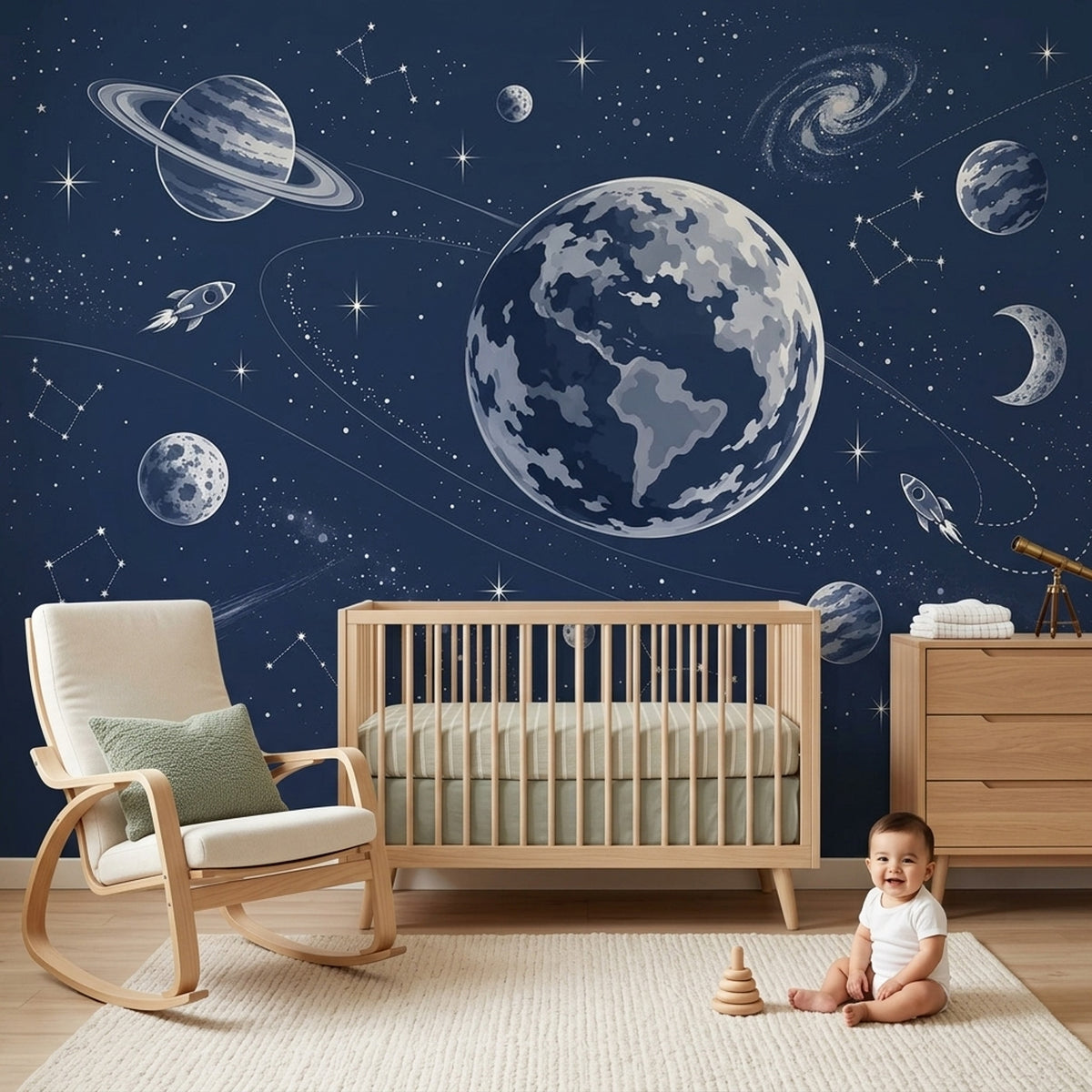Planets And Rockets Wallpaper Navy Galaxy Wall Mural