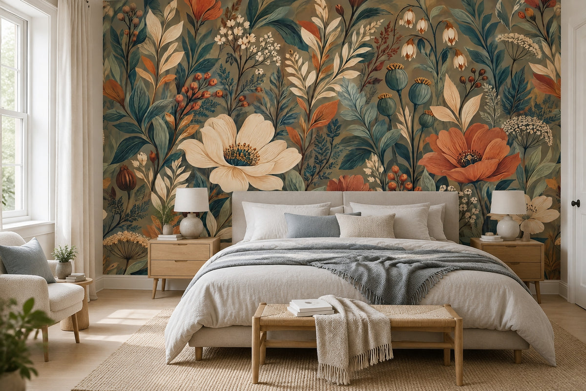 Vintage Botanical Flowers Wallpaper Olive Green Wall Mural