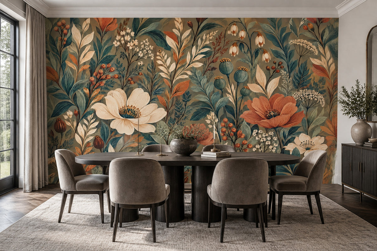 Vintage Botanical Flowers Wallpaper Olive Green Wall Mural