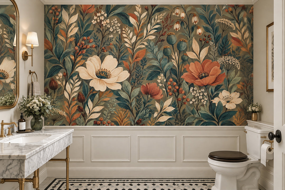 Vintage Botanical Flowers Wallpaper Olive Green Wall Mural