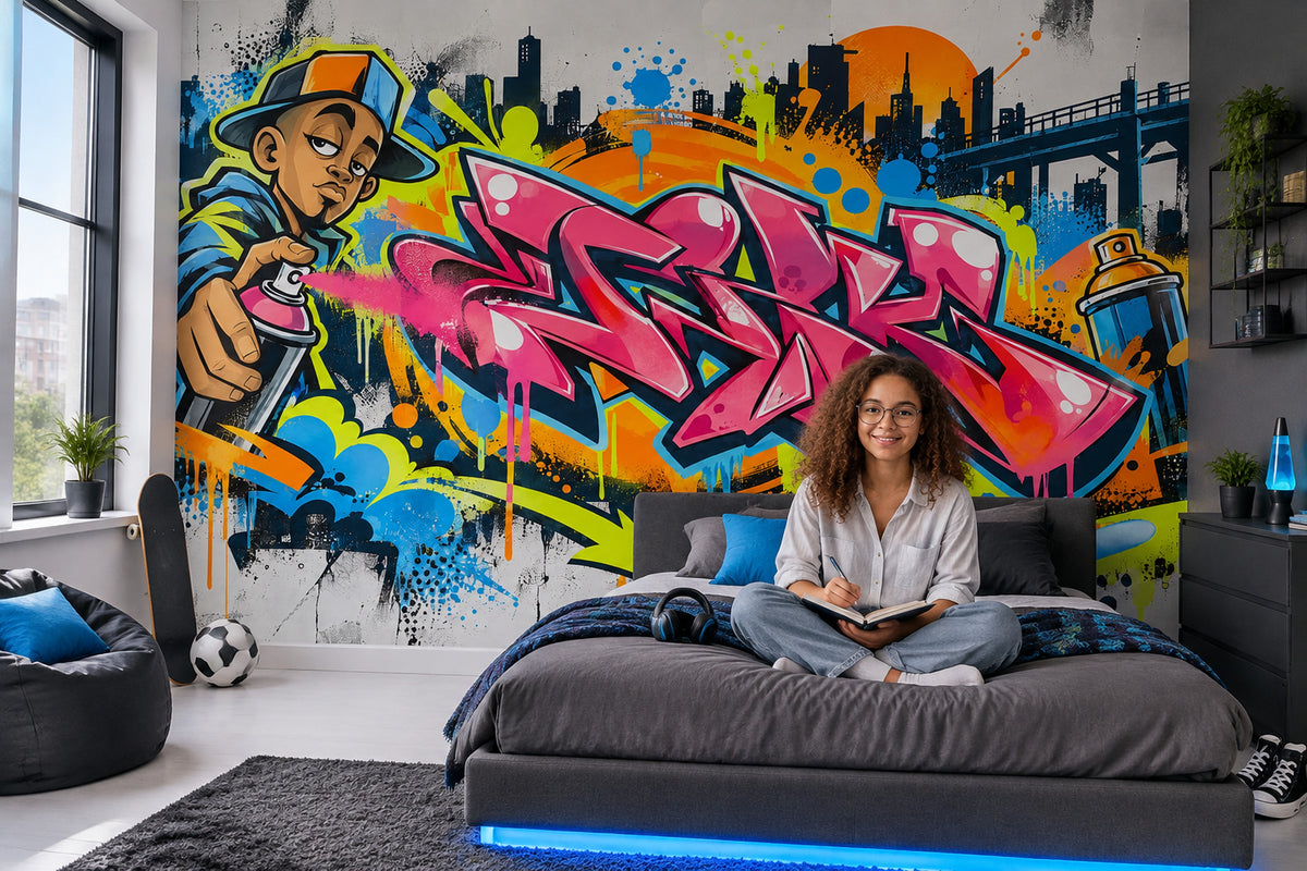 Pink Graffiti Lettering Wallpaper Street Art City Skyline Wall Mural