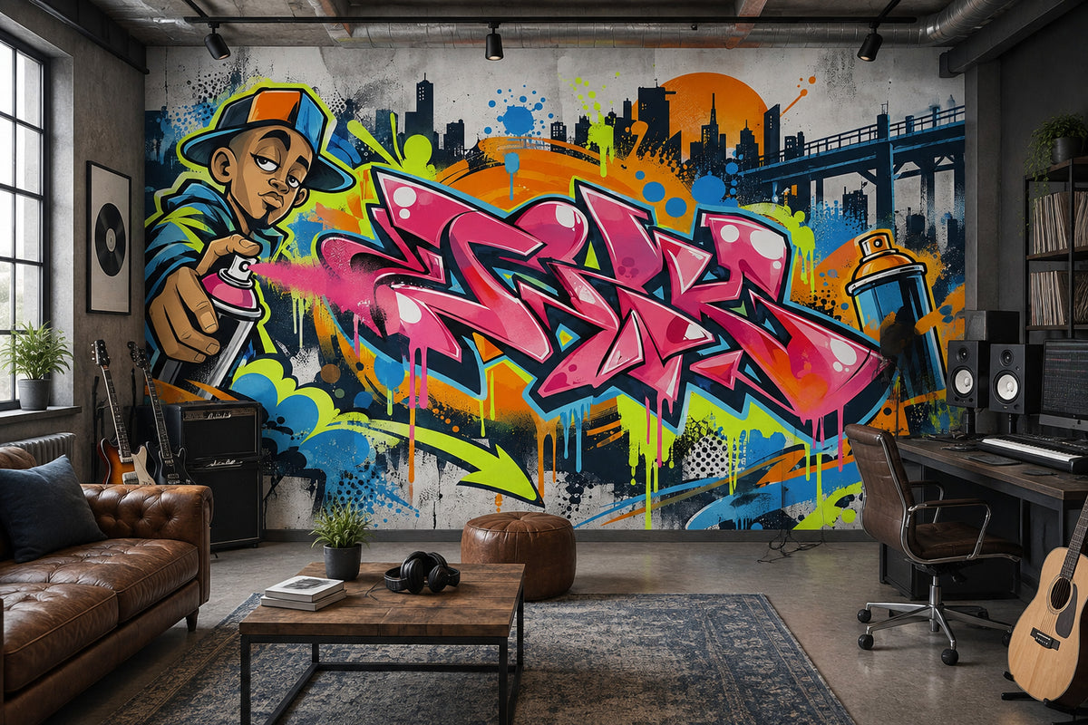 Pink Graffiti Lettering Wallpaper Street Art City Skyline Wall Mural