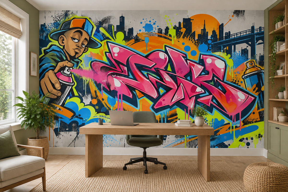 Pink Graffiti Lettering Wallpaper Street Art City Skyline Wall Mural