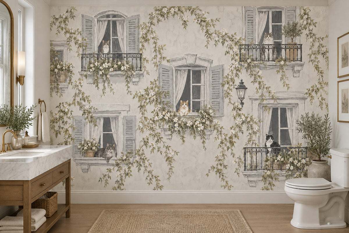 French Courtyard Cats Wallpaper Vintage Balcony Wall Mural