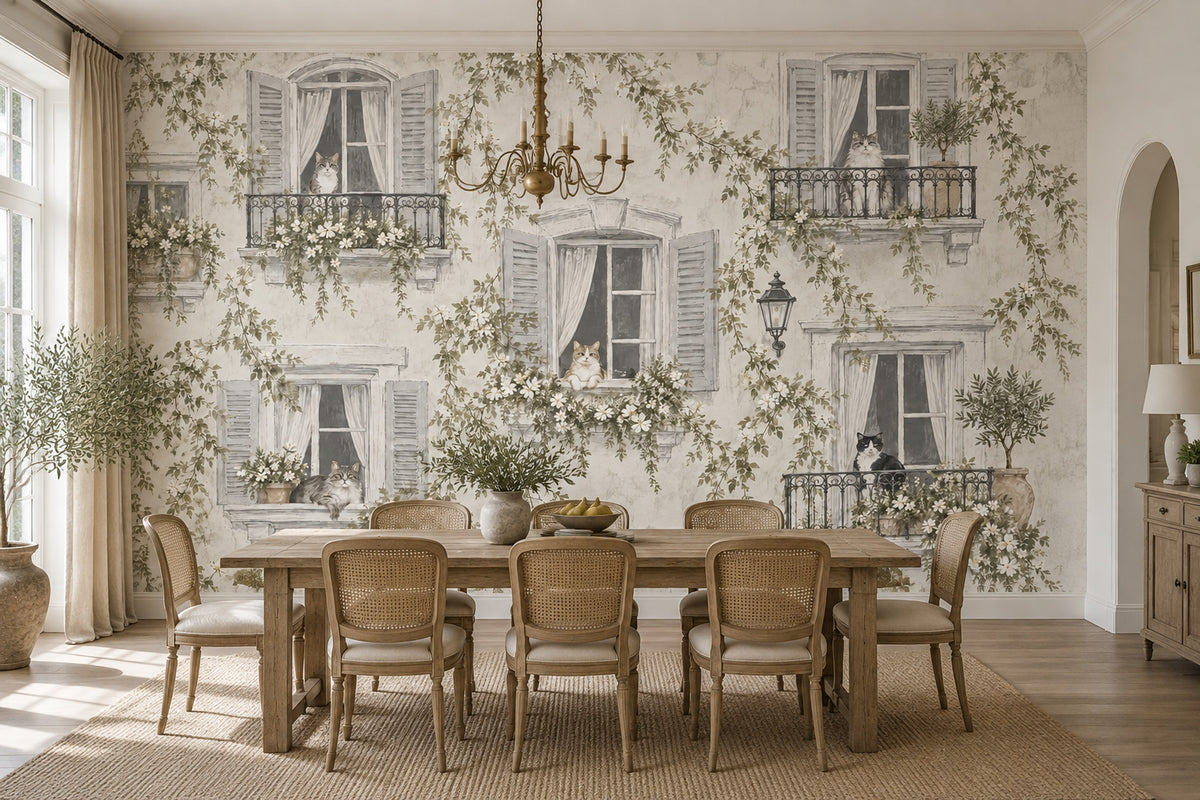French Courtyard Cats Wallpaper Vintage Balcony Wall Mural