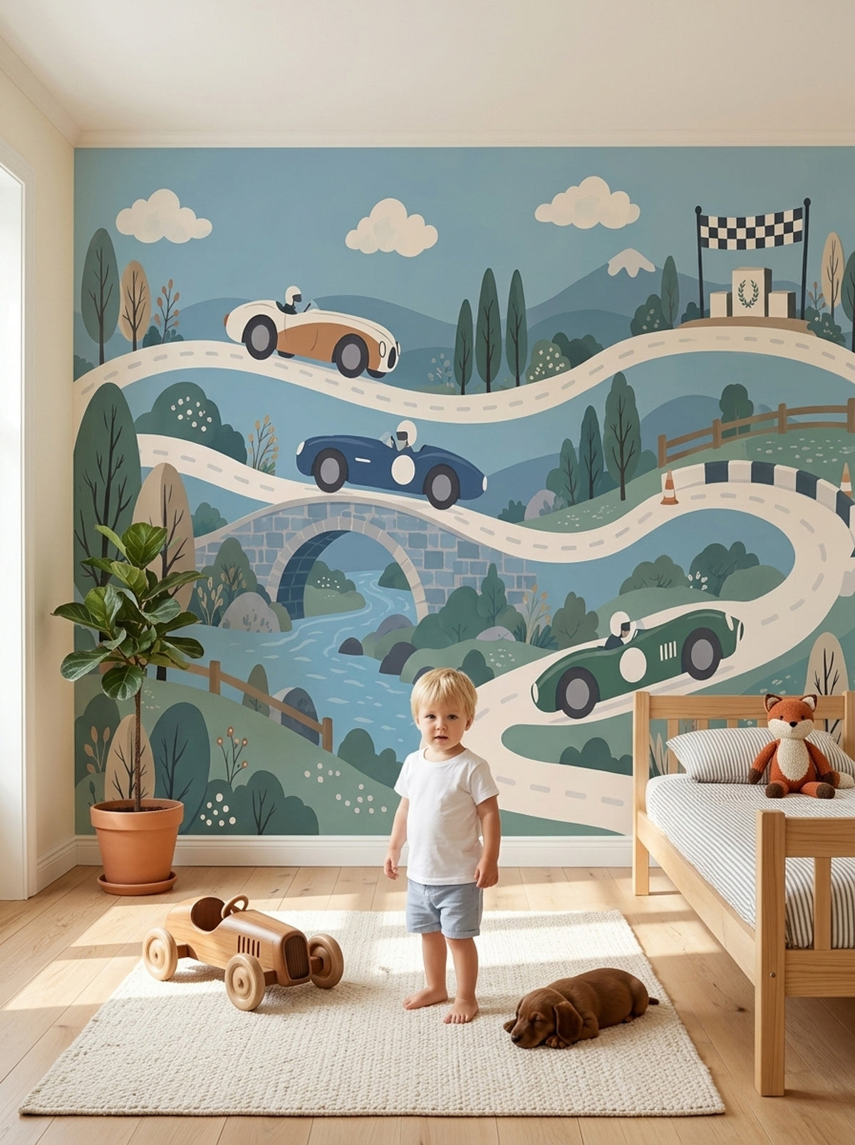Vintage Race Cars Wallpaper Whimsical Countryside Wall Mural