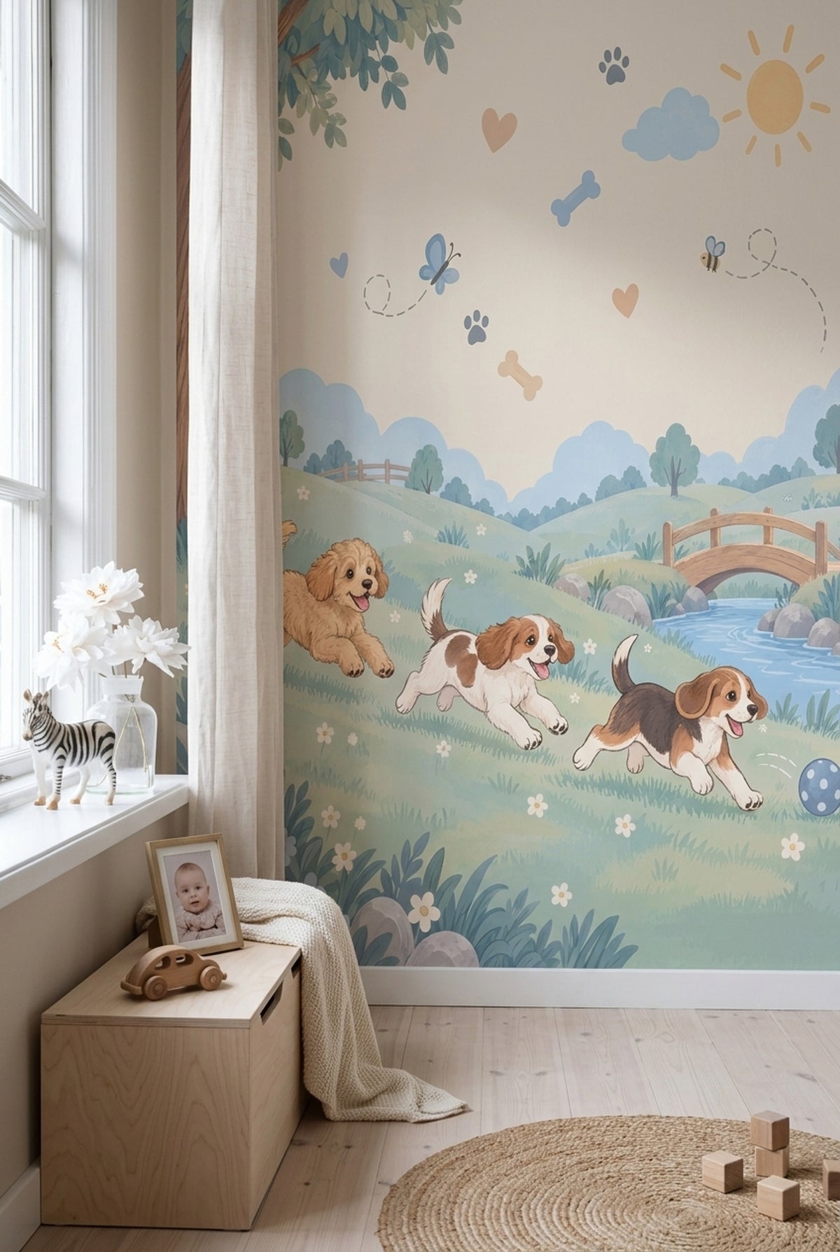 Playful Dogs Wallpaper Pastel Landscape Wall Mural