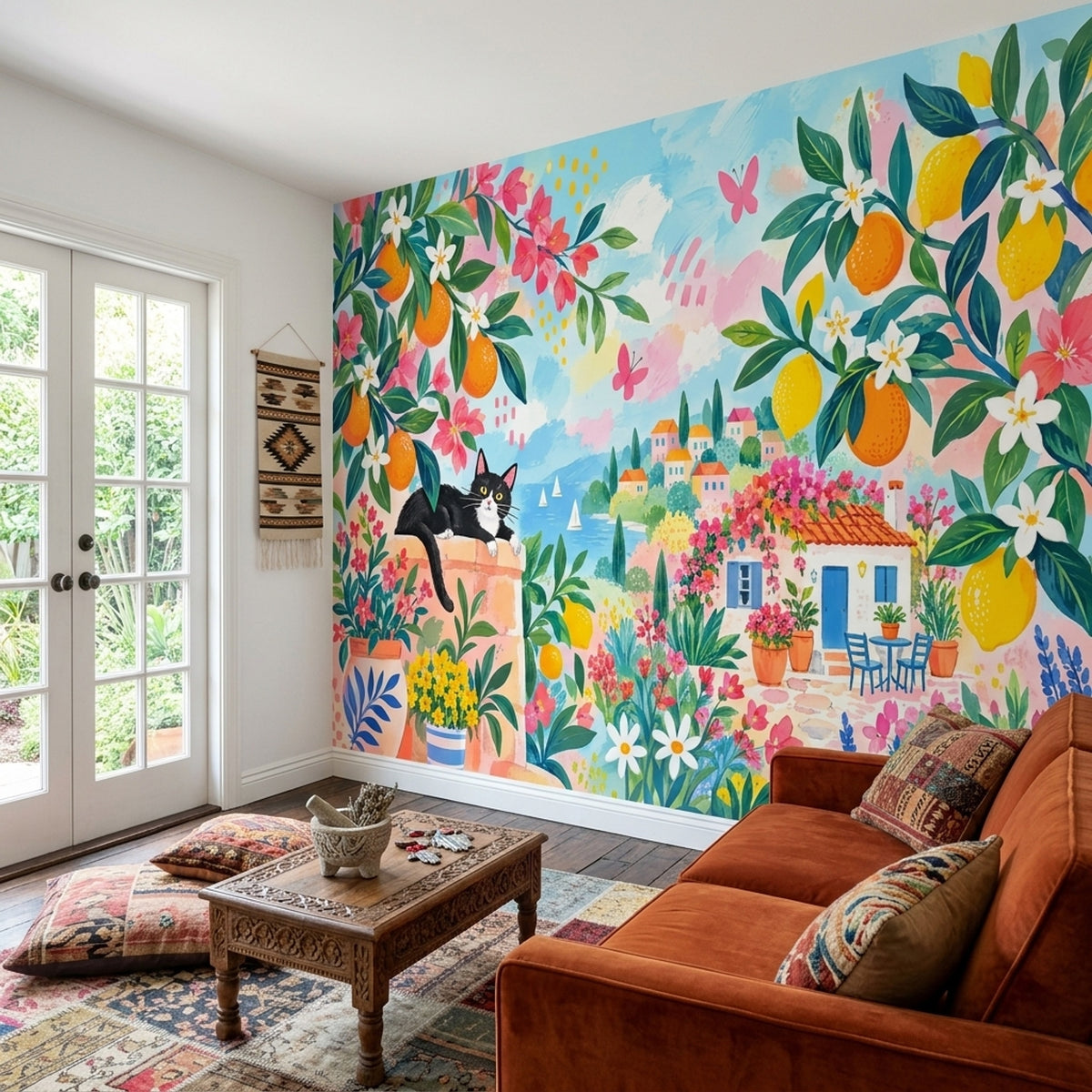 Mediterranean Citrus Garden Wallpaper Coastal Terrace Wall Mural