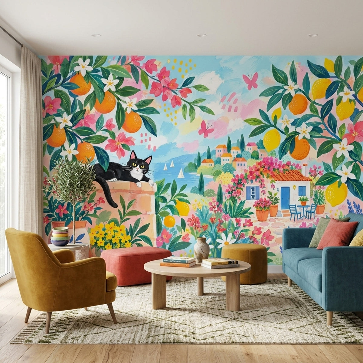 Mediterranean Citrus Garden Wallpaper Coastal Terrace Wall Mural