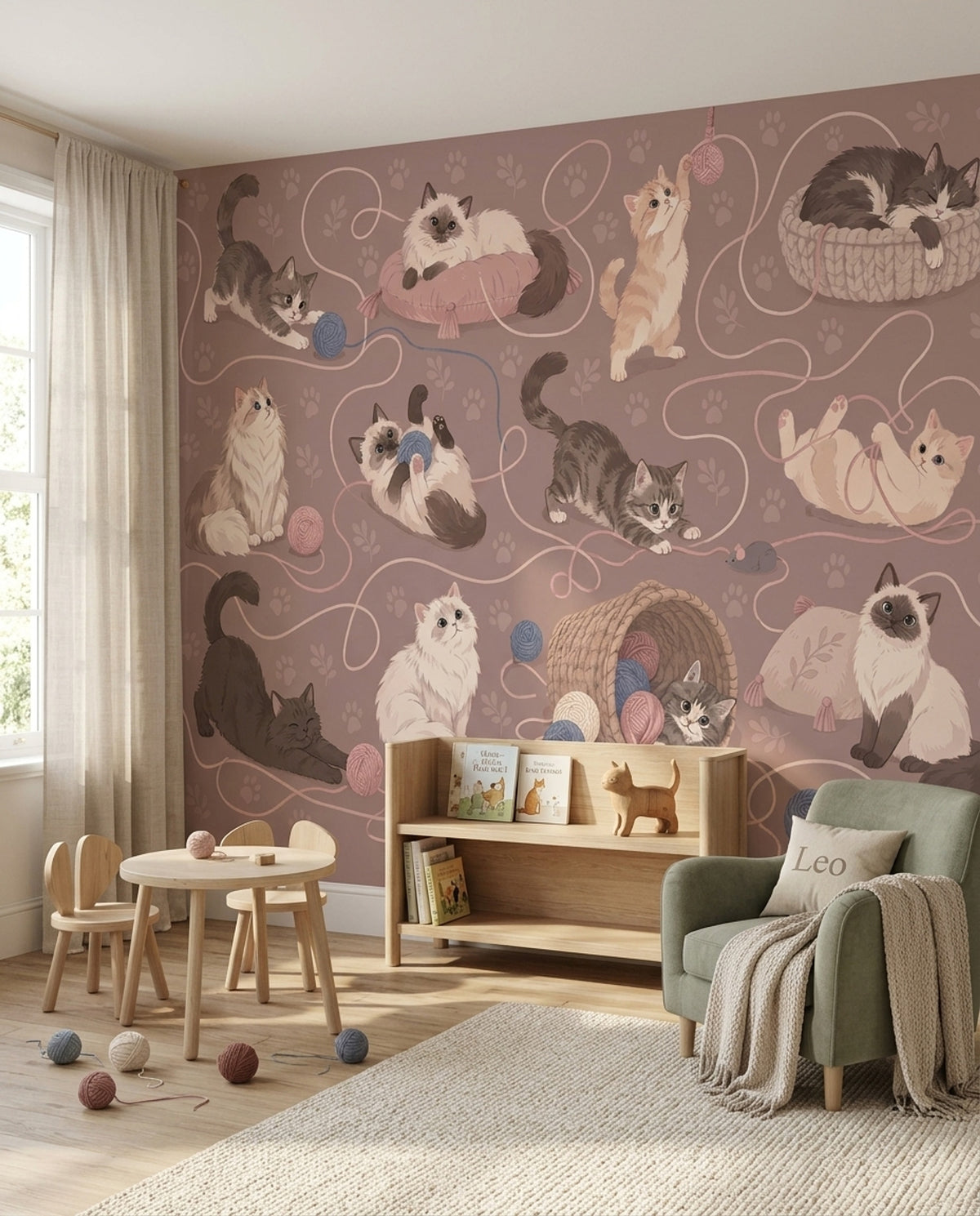 Playful Cats And Yarn Wallpaper Dusty Pink Wall Mural