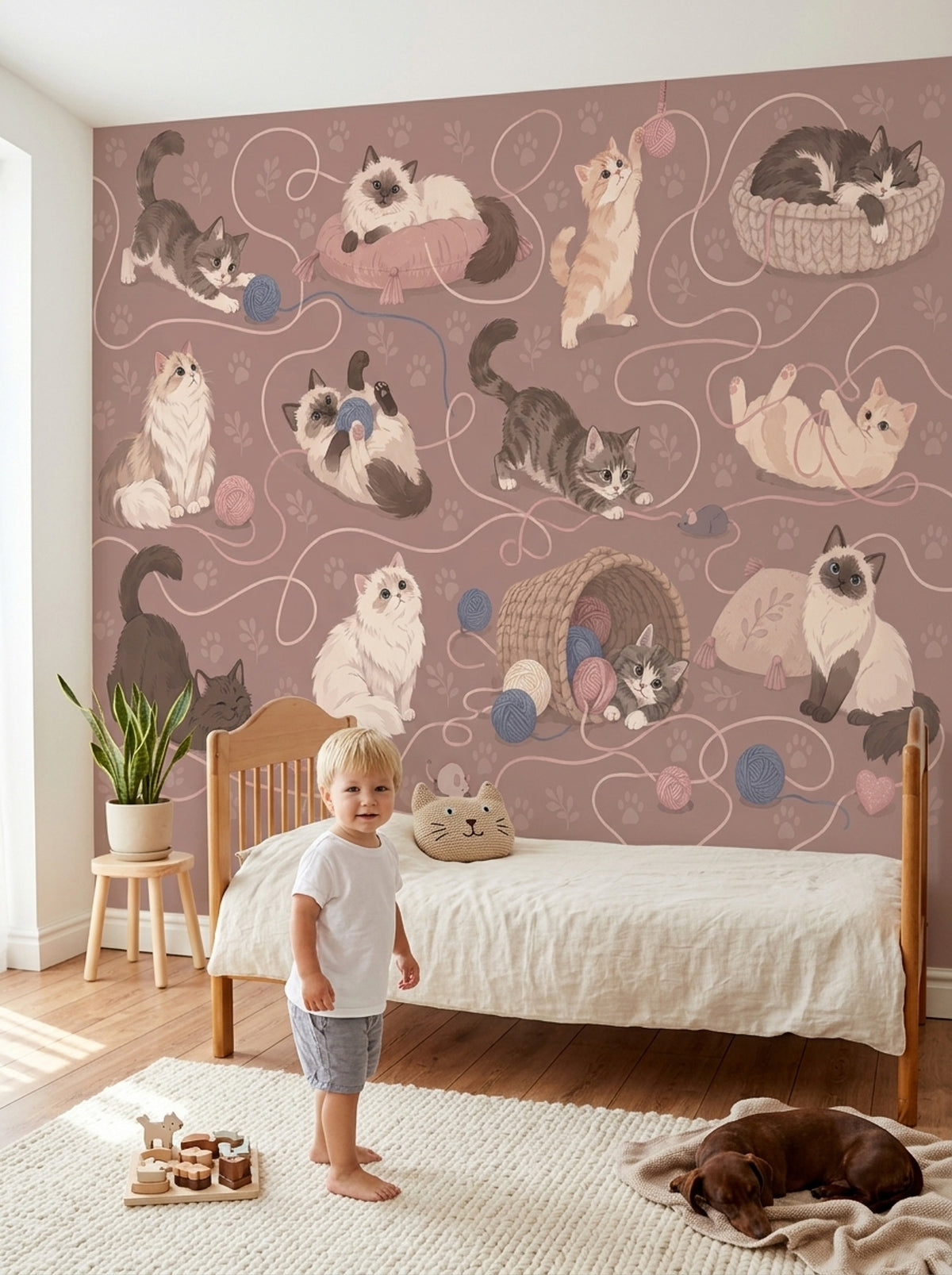 Playful Cats And Yarn Wallpaper Dusty Pink Wall Mural