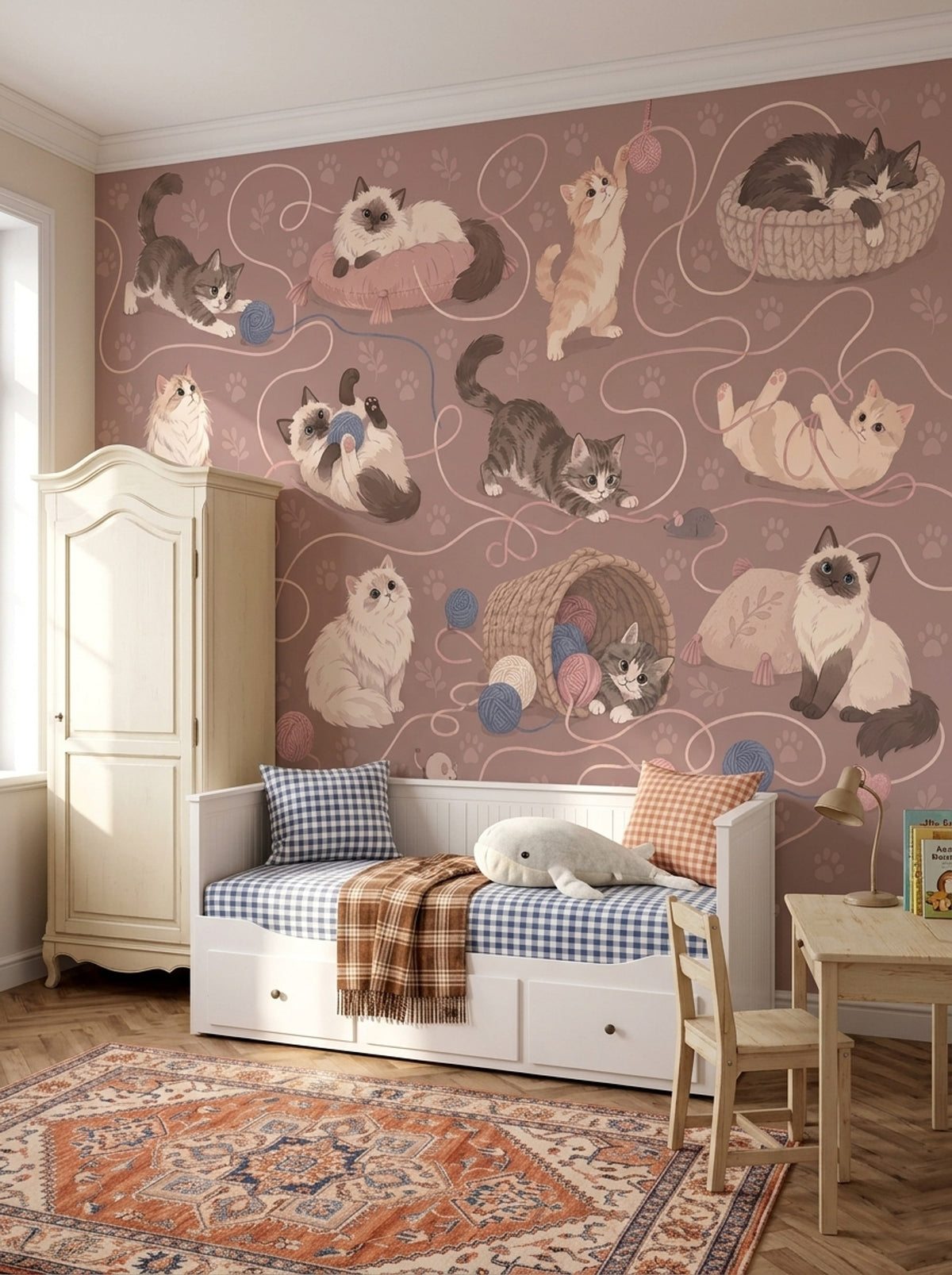 Playful Cats And Yarn Wallpaper Dusty Pink Wall Mural