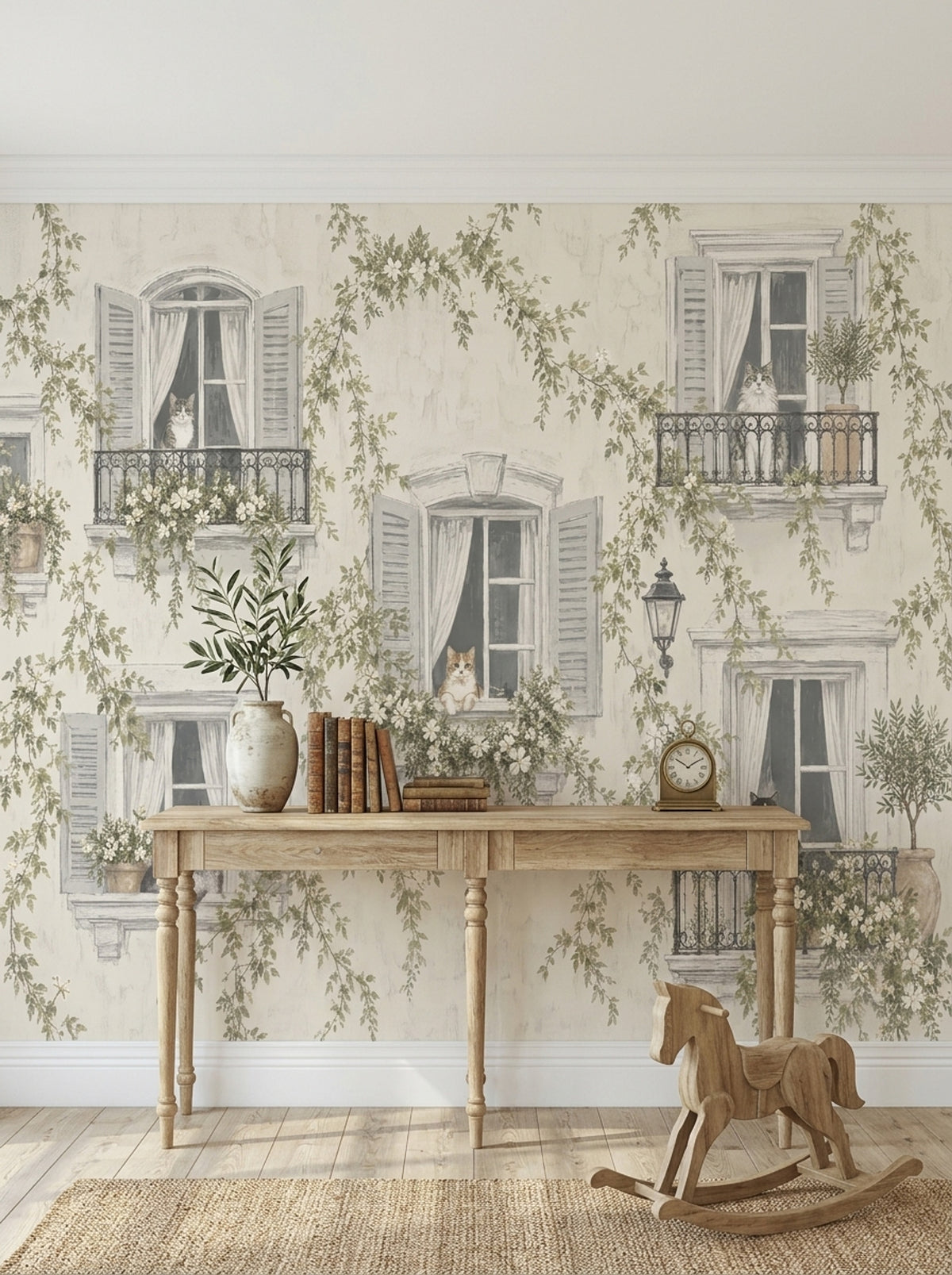 French Courtyard Cats Wallpaper Vintage Balcony Wall Mural