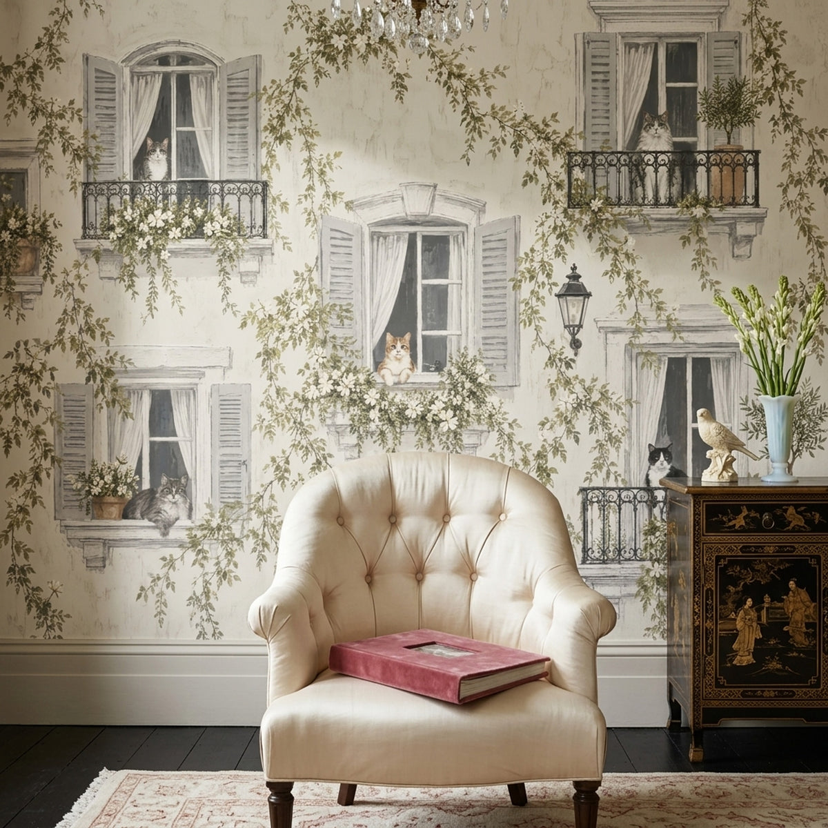 French Courtyard Cats Wallpaper Vintage Balcony Wall Mural