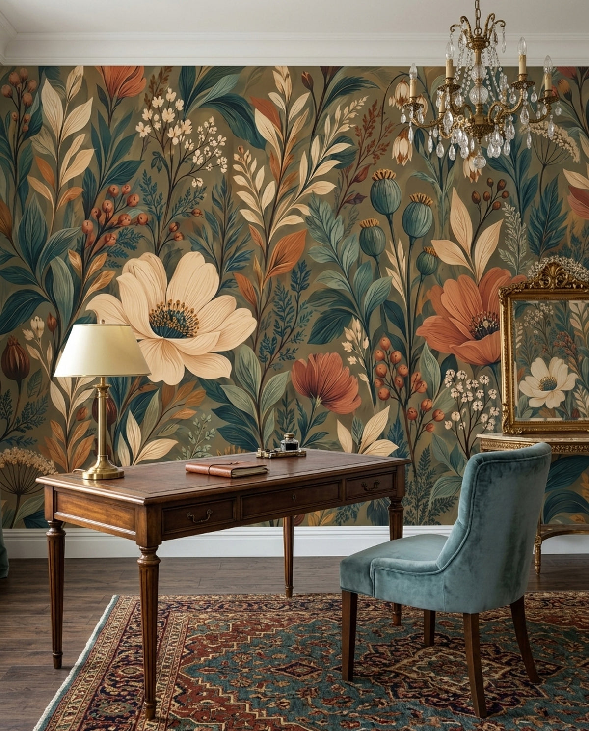 Vintage Botanical Flowers Wallpaper Olive Green Wall Mural
