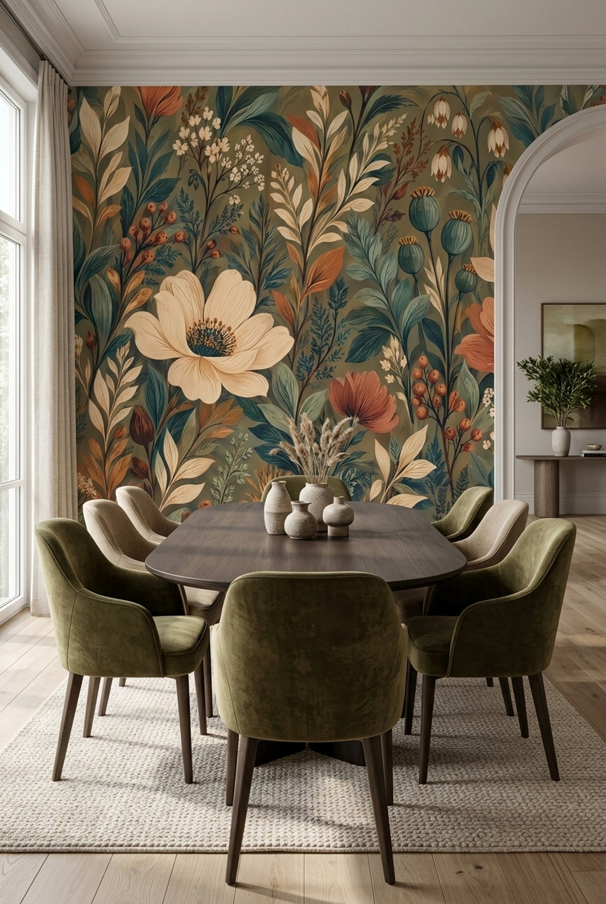 Vintage Botanical Flowers Wallpaper Olive Green Wall Mural
