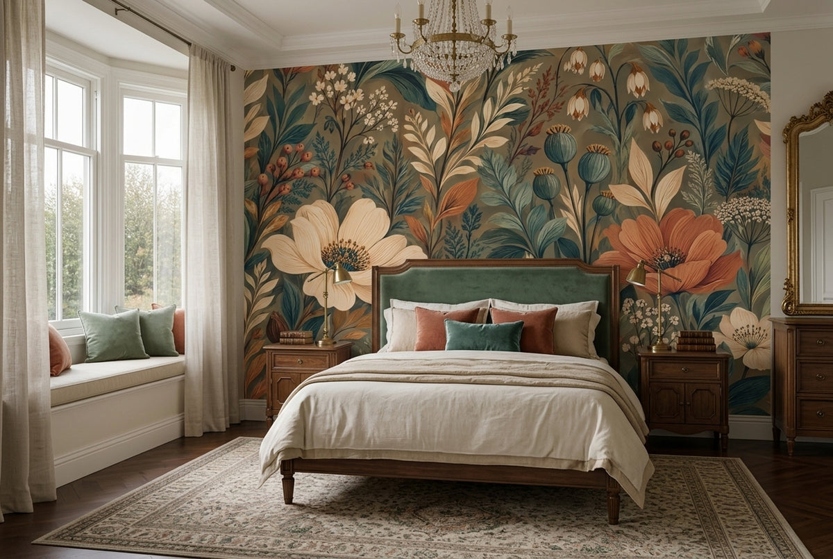 Vintage Botanical Flowers Wallpaper Olive Green Wall Mural