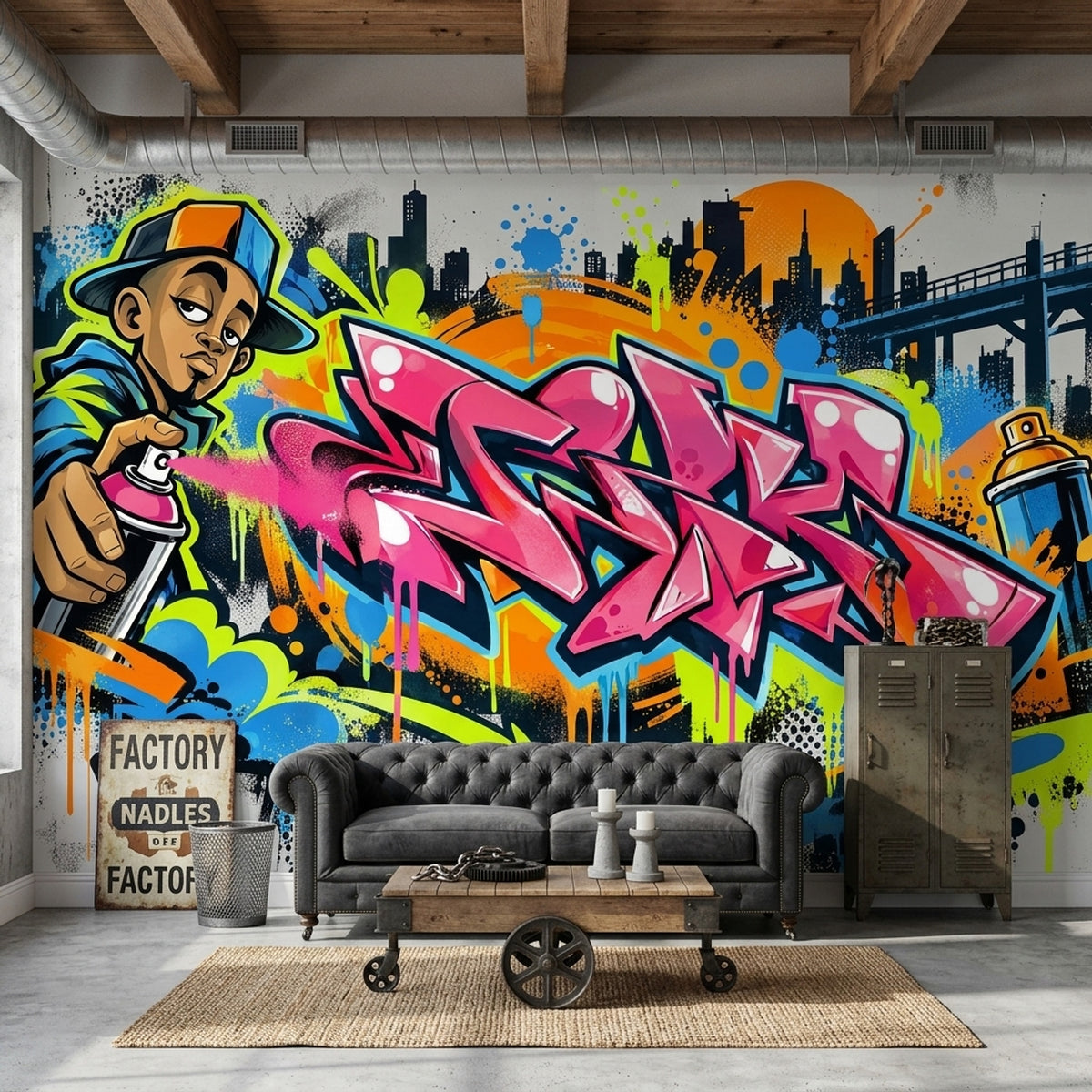 Pink Graffiti Lettering Wallpaper Street Art City Skyline Wall Mural