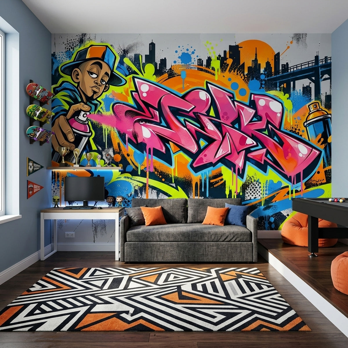 Pink Graffiti Lettering Wallpaper Street Art City Skyline Wall Mural
