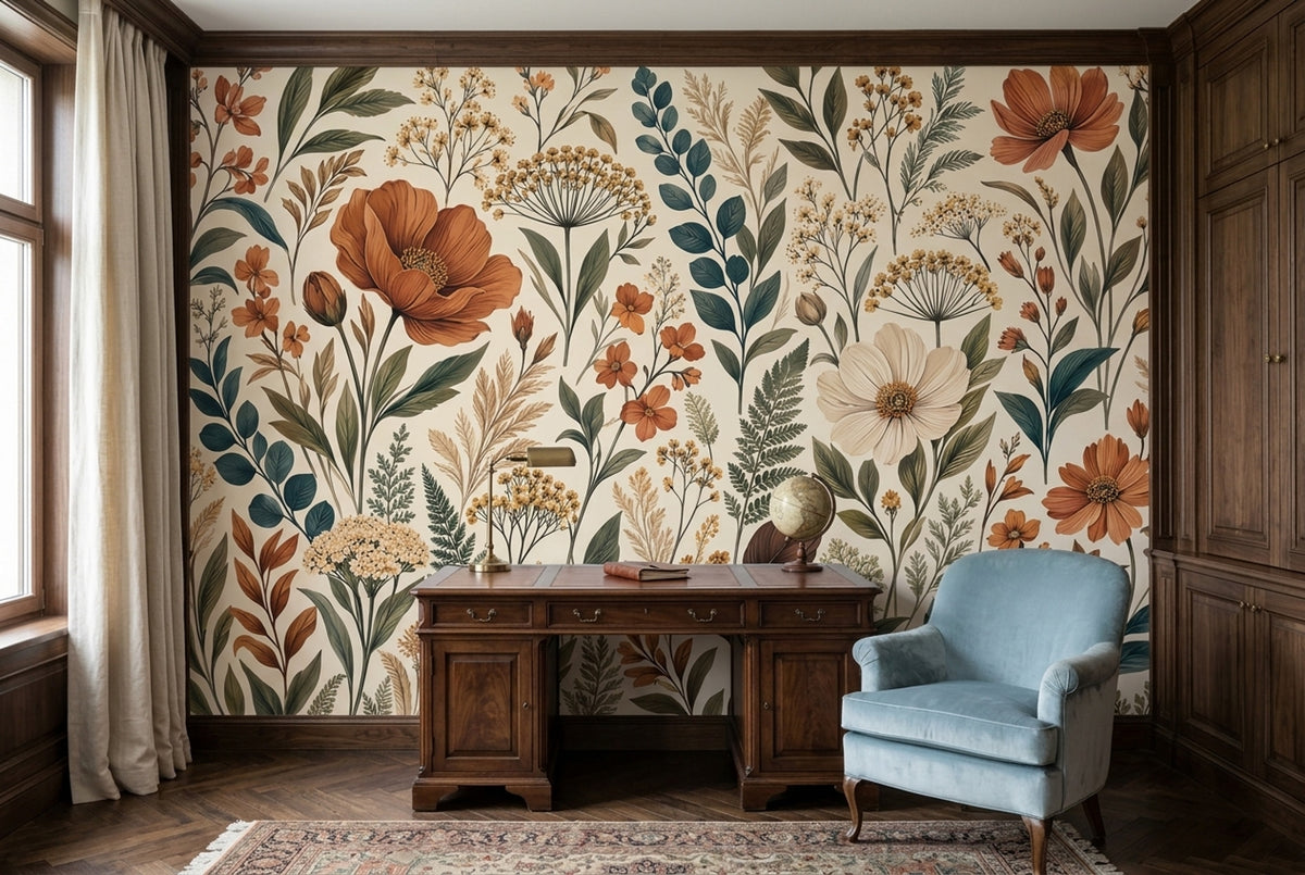 Vintage Wildflowers Wallpaper Ivory Background Wall Mural