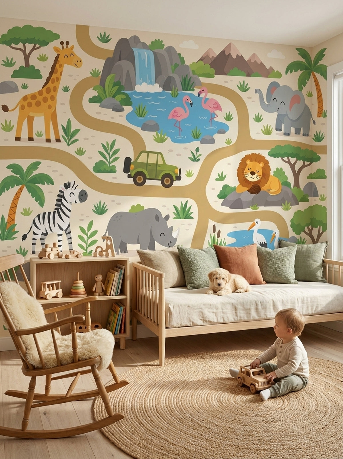 Cartoon Safari Animals Wallpaper Tropical Landscape Wall Mural