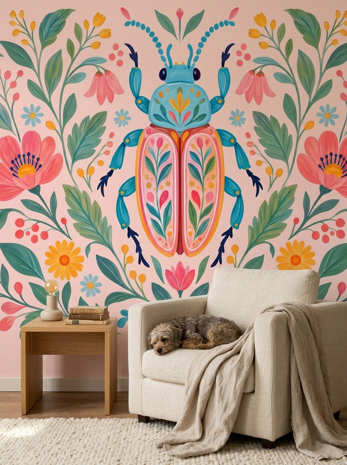 Decorative Beetle Floral Wallpaper Folk Art Wall Mural