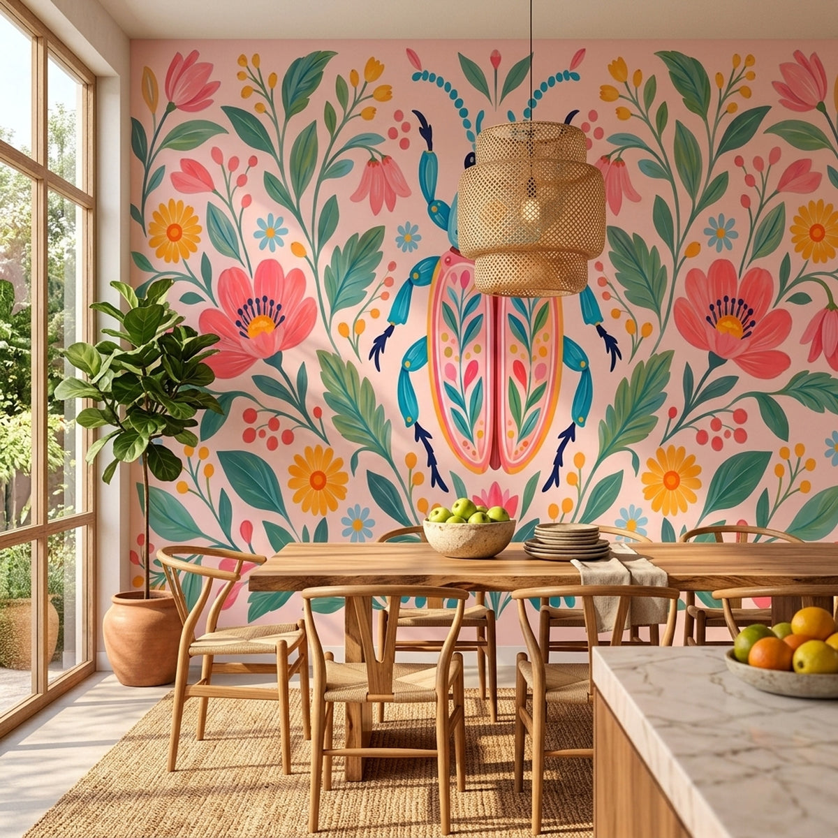 Decorative Beetle Floral Wallpaper Folk Art Wall Mural