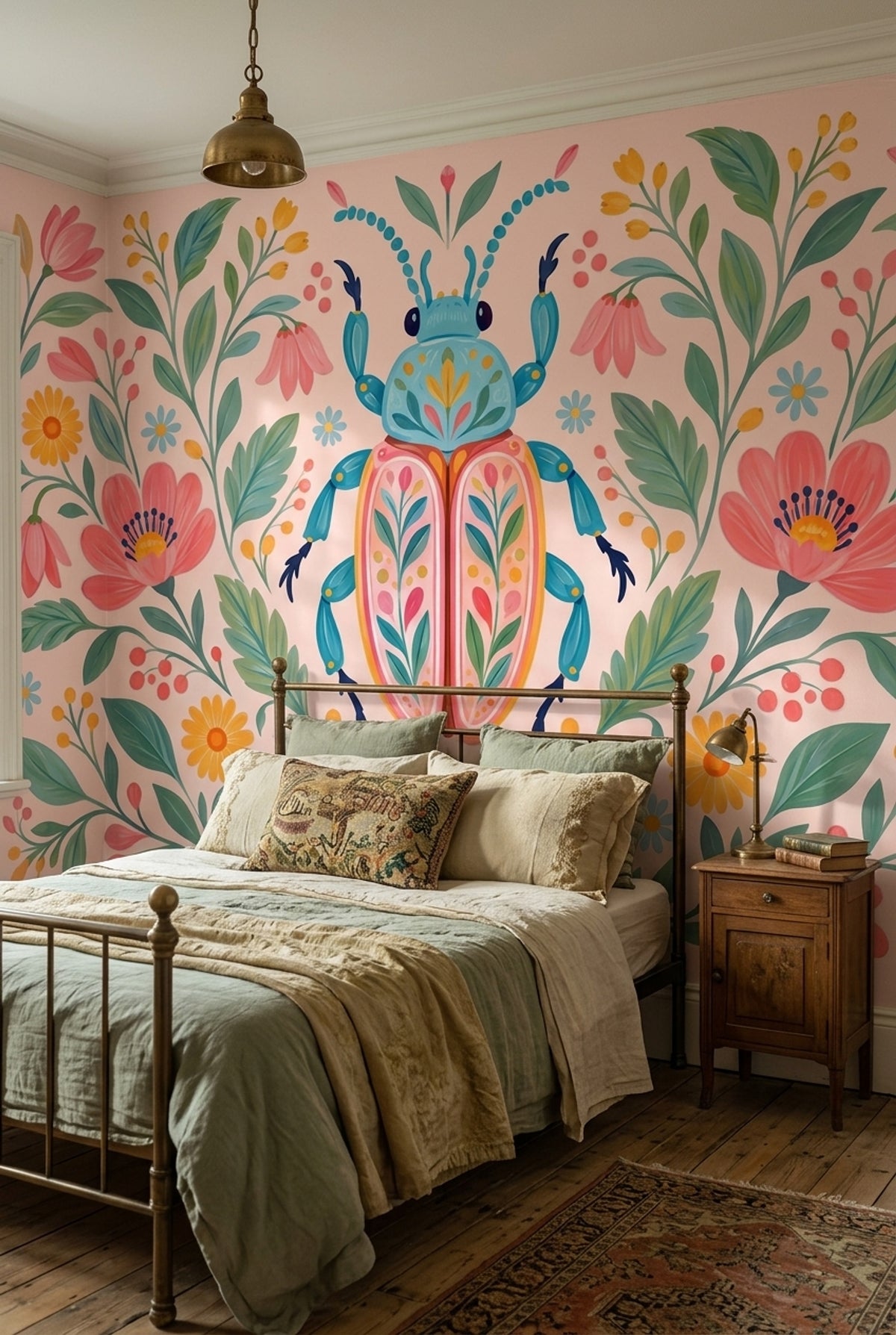 Decorative Beetle Floral Wallpaper Folk Art Wall Mural