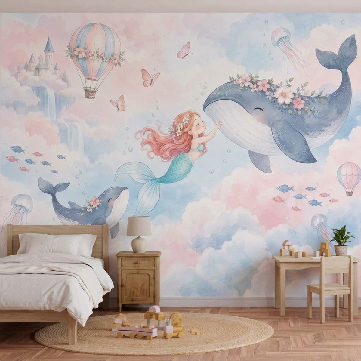 Mermaid And Whale Wallpaper Hot Air Balloon Fantasy Wall Mural