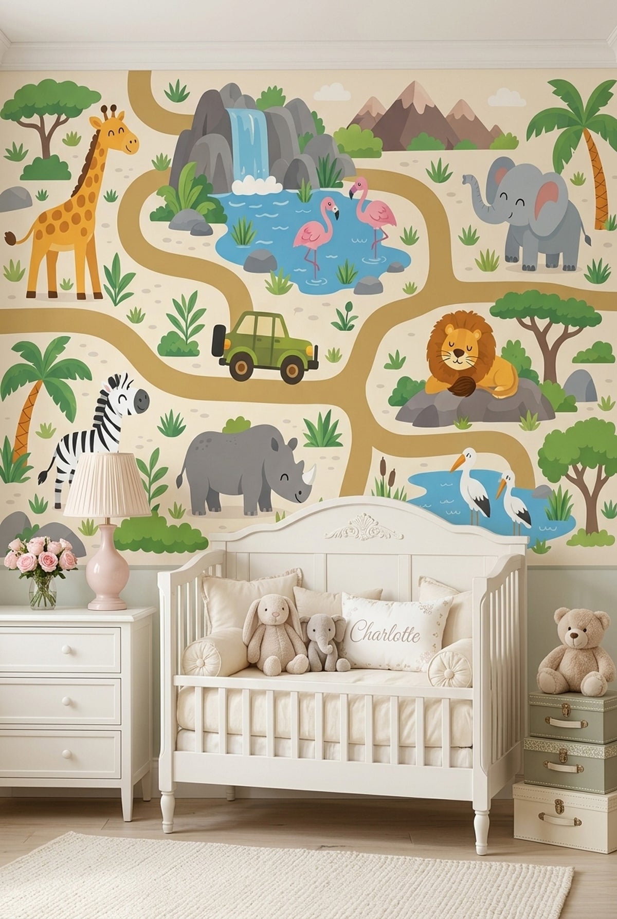 Cartoon Safari Animals Wallpaper Tropical Landscape Wall Mural
