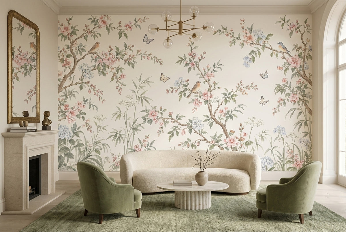Chinoiserie Blossom Branches Wallpaper Birds And Butterflies Wall Mural