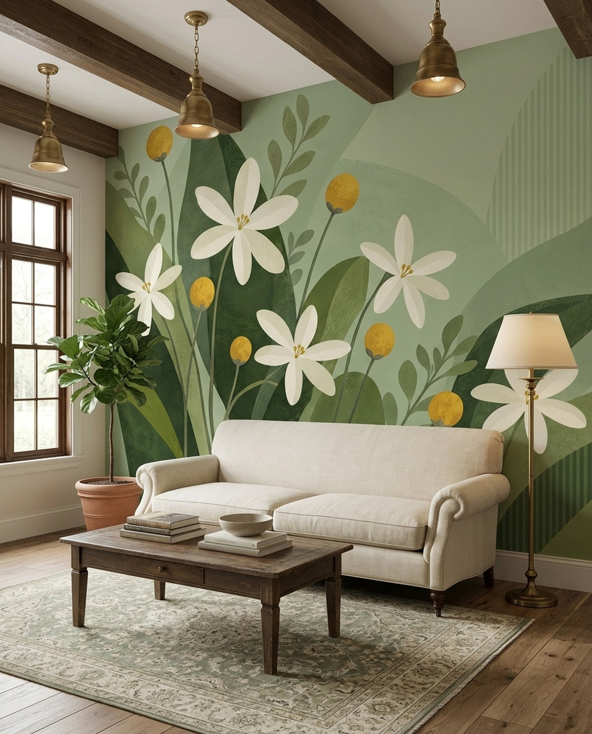 White Daisy Flowers Wallpaper Sage Green Leaves Wall Mural