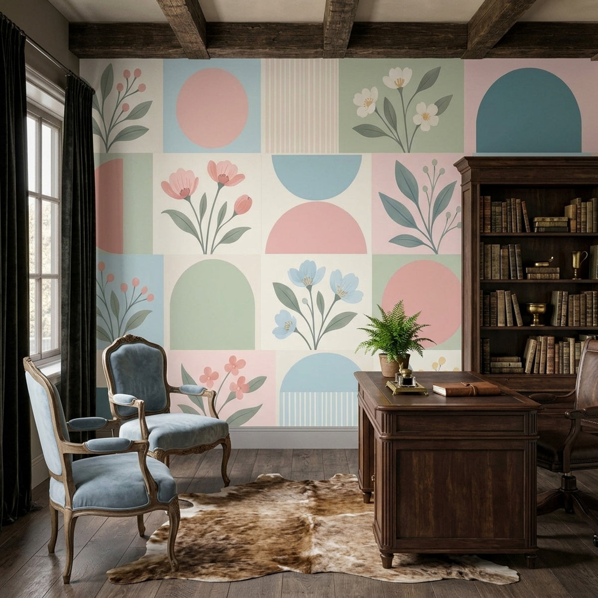 Botanical Geometric Wallpaper Muted Green Wall Mural