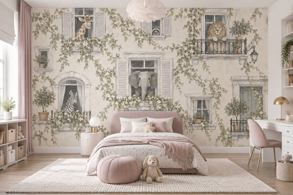 Safari Animals At Shuttered Windows Wallpaper European Villa Wall Mural
