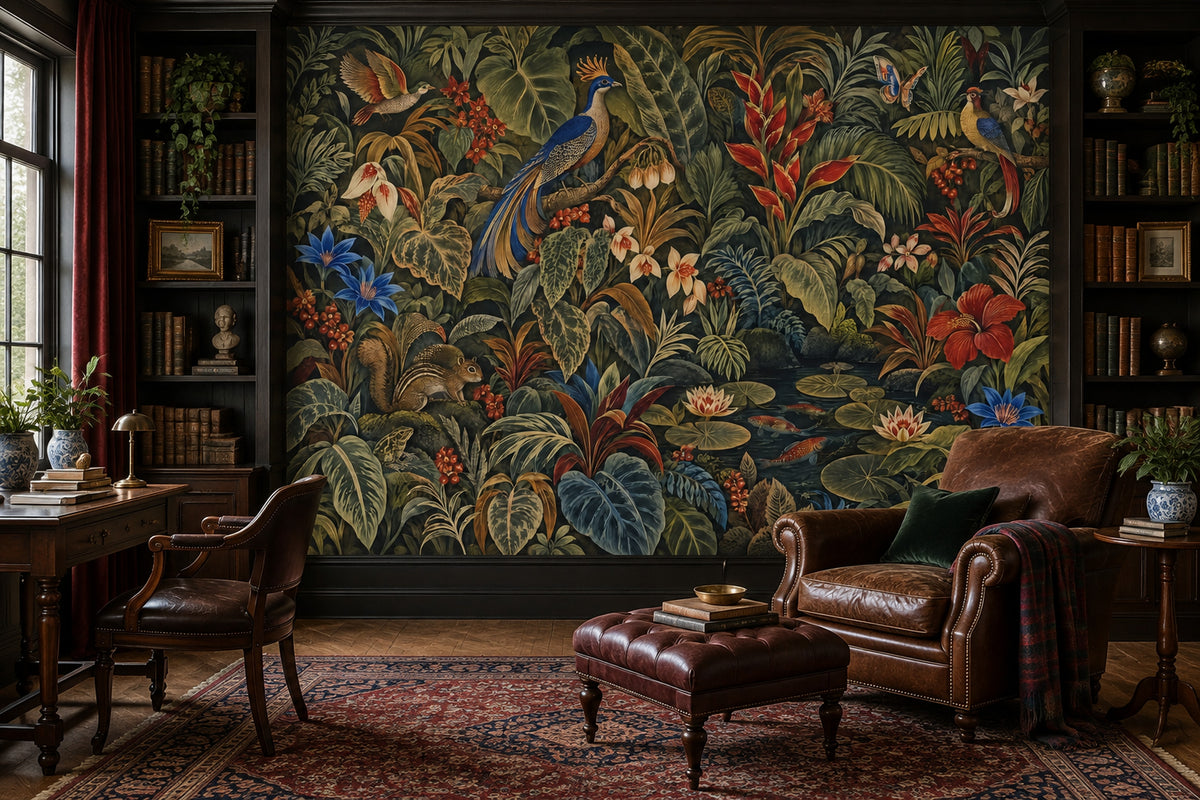 Dark Tropical Jungle Wallpaper Exotic Birds And Pond Lilies Wall Mural