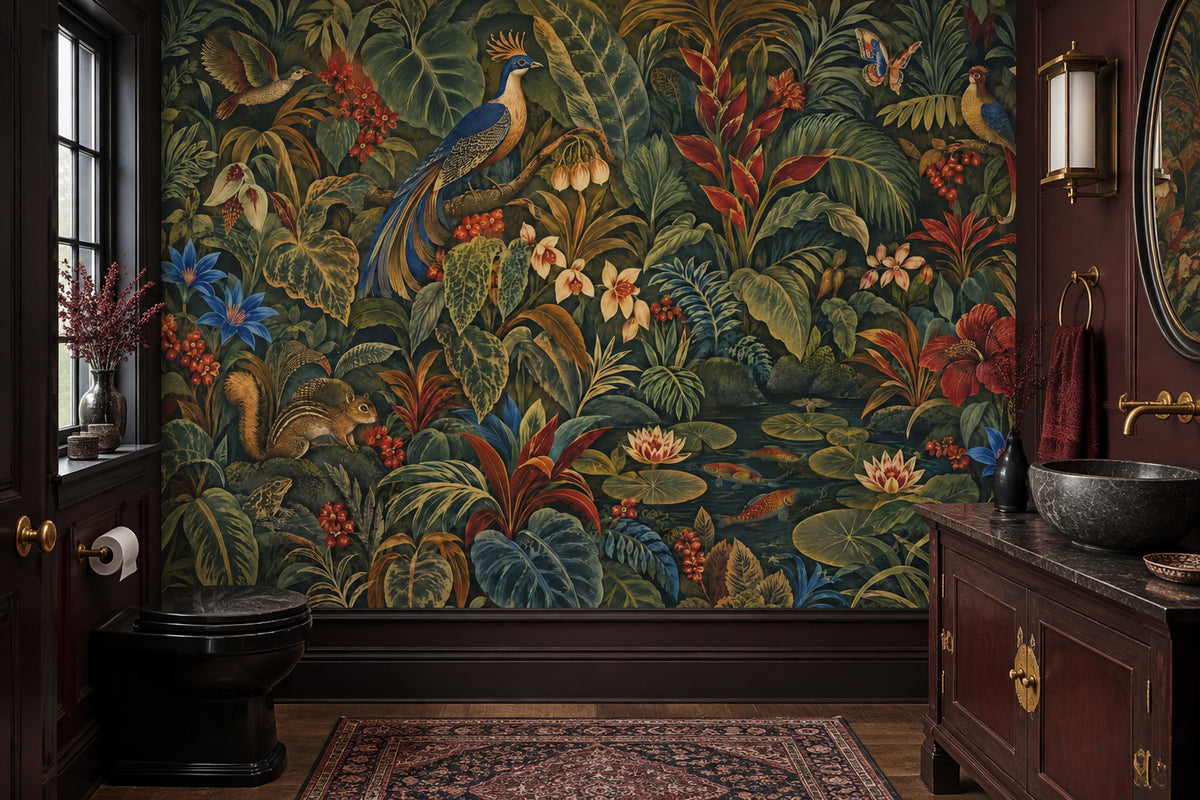 Dark Tropical Jungle Wallpaper Exotic Birds And Pond Lilies Wall Mural