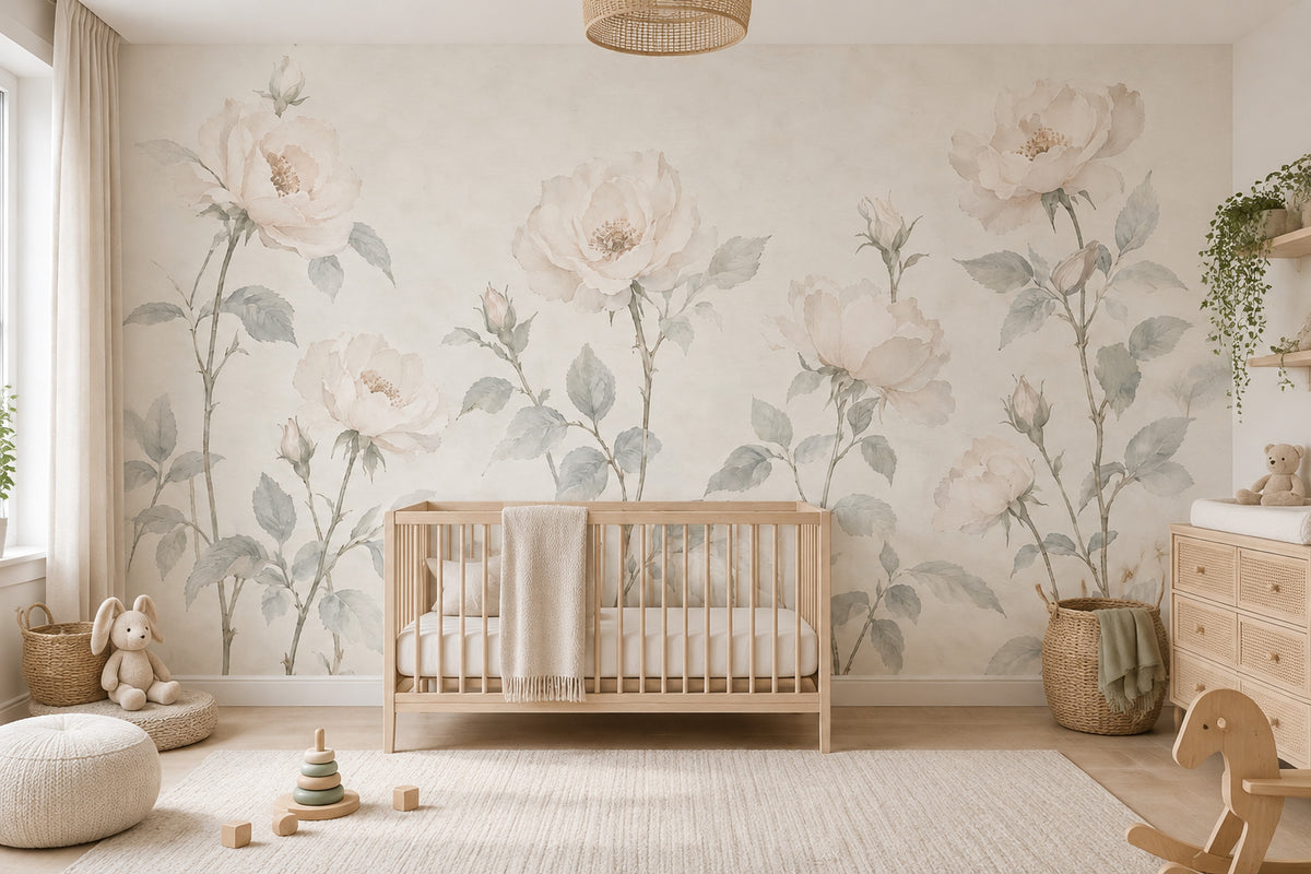 Watercolor Roses Wallpaper Ivory Botanical Wall Mural