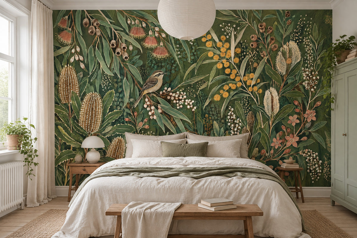 Dark Botanical Bird Wallpaper Moody Eucalyptus Wall Mural