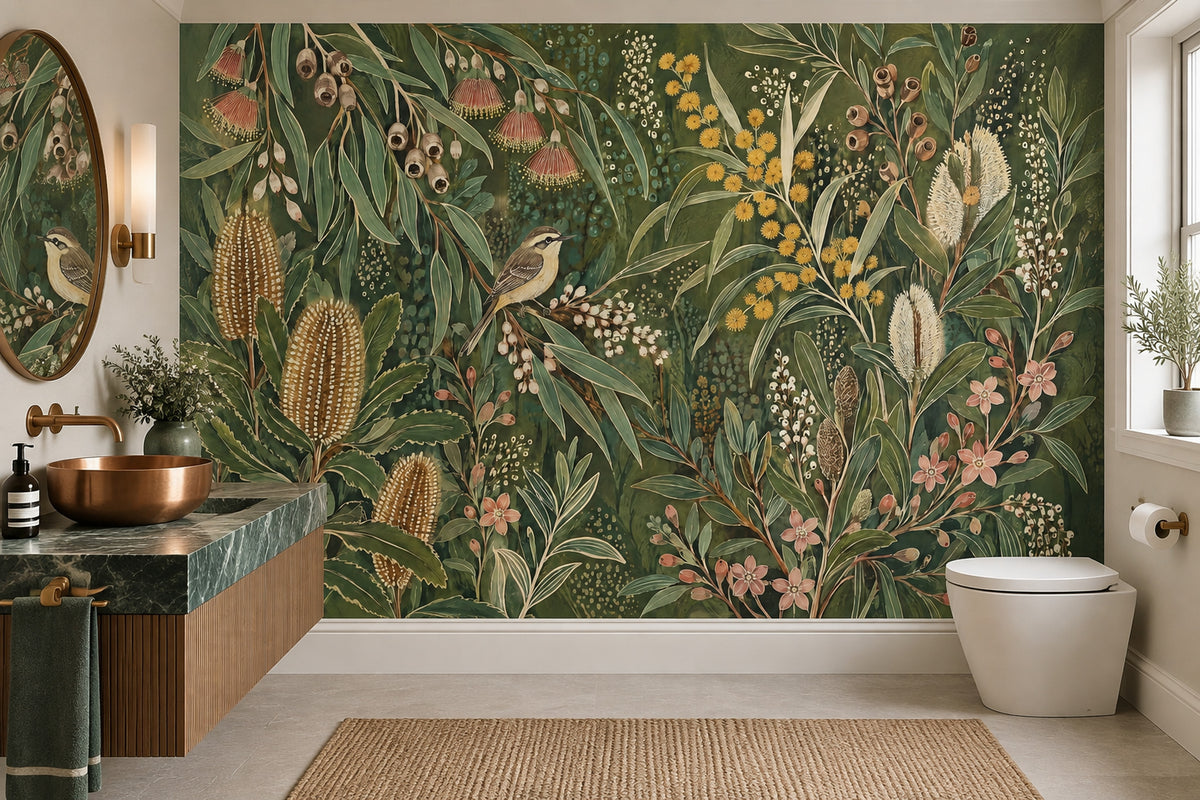Dark Botanical Bird Wallpaper Moody Eucalyptus Wall Mural