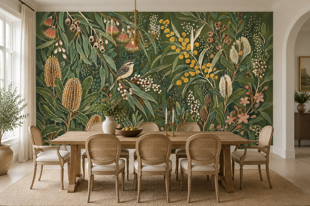 Dark Botanical Bird Wallpaper Moody Eucalyptus Wall Mural