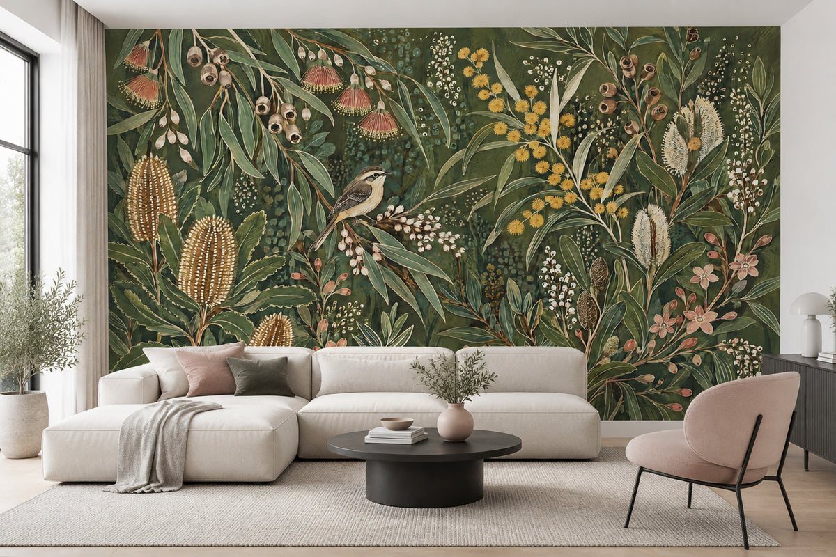 Dark Botanical Bird Wallpaper Moody Eucalyptus Wall Mural